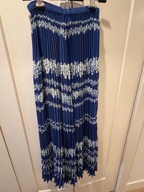 Self-Portrait Navy and White Pleated Maxi Skirt
